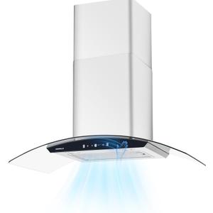 36 Inch Wall Mount Range Hood 700 CFM Ducted Vent Hood, Tempered Glass & Stainless Steel Filters - Gesture Sensing & Touch Control, 3-Speed, 2 LED Lights (Black Panel)