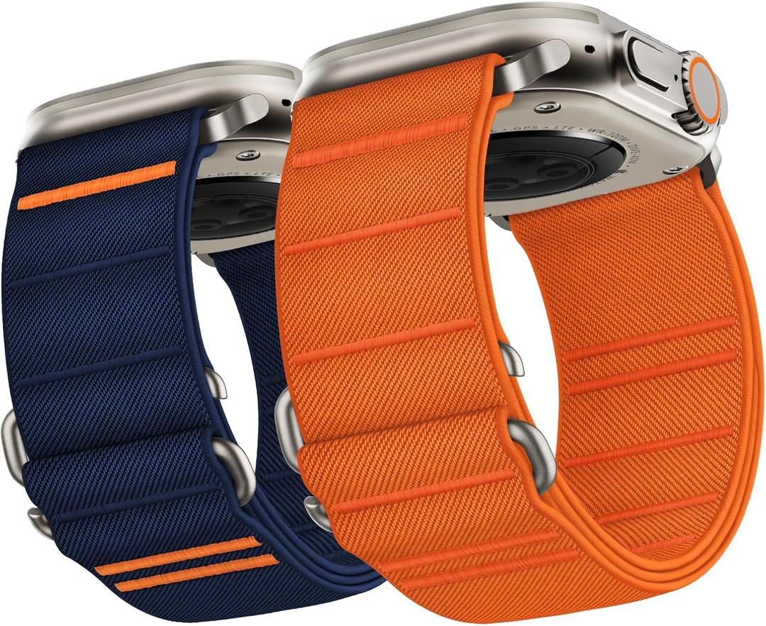 Suitisbest 2 Pack Sport Band Compatible with Apple Watch Ultra Band 49mm 46mm 45mm 44mm 42mm 41mm 40mm 38mm, Stretchy Sport Loop Strap for iWatch Series 11 10 9 8 7 6 5 4 3 2 1, SE 3 2 1, Ultra 3 2 1 (Orange/Midnight Blue)