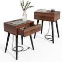 HAIOOU Set of 2 Mid Century Nightstand with Charging Station, End Table Modern Side Table One Drawer with Premium Matte Black Handle and Pine Wood Legs for Home Bedroom Living Room (NS003X)