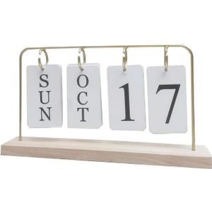 Wooden Perpetual Calendar for Desk, Metal Wood Month Date Display for Teachers, Students, Classroom, Rustic Farmhouse Office Decor, Desk Accessories (gold)