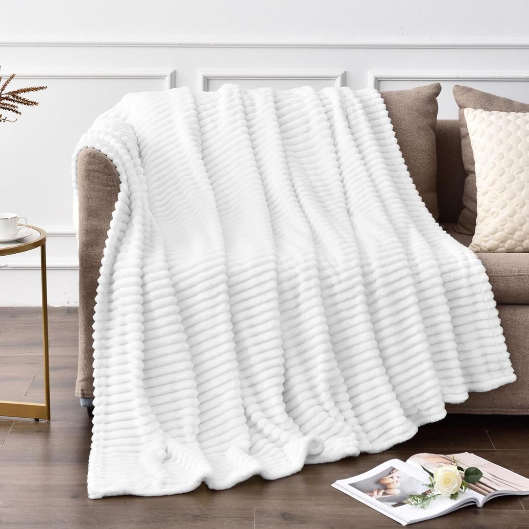 BEDELITE Fleece Throw Blanket for Couch  3D Ribbed Jacquard Soft and Warm Decorative Fuzzy Blanket  Cozy, Fluffy, Plush Lightweight White Throw Blankets for Bed, Sofa, 50x60 inches