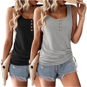Zeagoo Womens 2026 Tank Tops 2 Pack U Neck Summer Sleeveless Tops Loose Fit Button Casual Henley Shirts XL (Gray and Black)