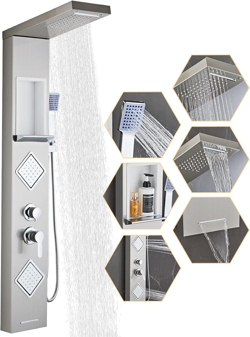 Shower Panel Tower System with Storage- Brushed Gray