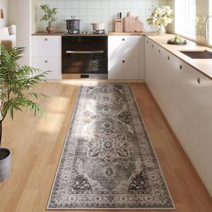Rugcomf Vintage Medallion Kitchen Rugs Non Slip Washable 2'7"x8' - Low Pile Runner Rug, Boho Carpet for Hallways, Laundry, Bedroom, Bathroom - Grey and White