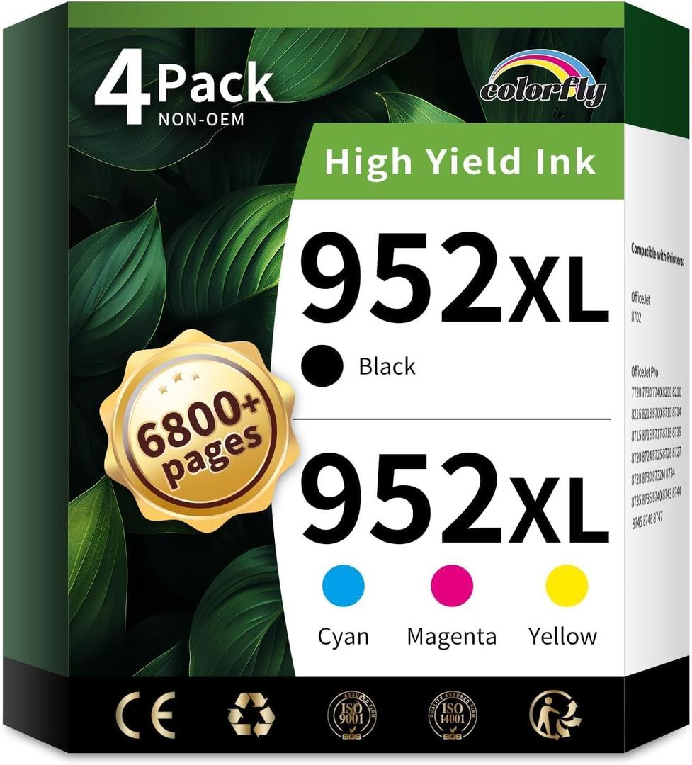 colorfly 952XL Ink Cartridges Combo Pack Replacement for HP 952 XL Ink Cartridges to Use with HP Officejet Pro 8710 7740 8720 8702 8210 7720 8715 8730 8740 8216(1BK/1C/1M/1Y, 4 Pack)