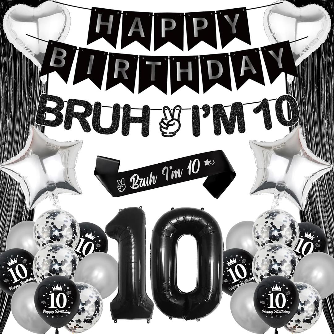 10th Birthday Decorations Balloons Boys - 28 Pcs Black Glitter Bruh I'M 10 Banner Garland Sash Foil Fringe Curtain Star Heart Number Balloons Decor For Teen 10 Year Old Bday Party Supplies