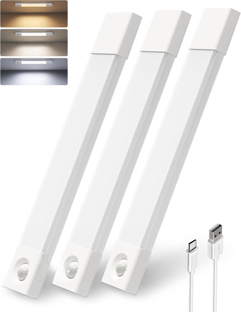 EZVALO Under Cabinet Lighting, Wireless Closet Lights, 50 LED Rechargeable Motion Sensor Light, Dimmable, 3 Color Temperatures, 11.8 inch Counter lights for Kitchen, Pantry, Bedroom, Wardrobe (3 Pack) (White)