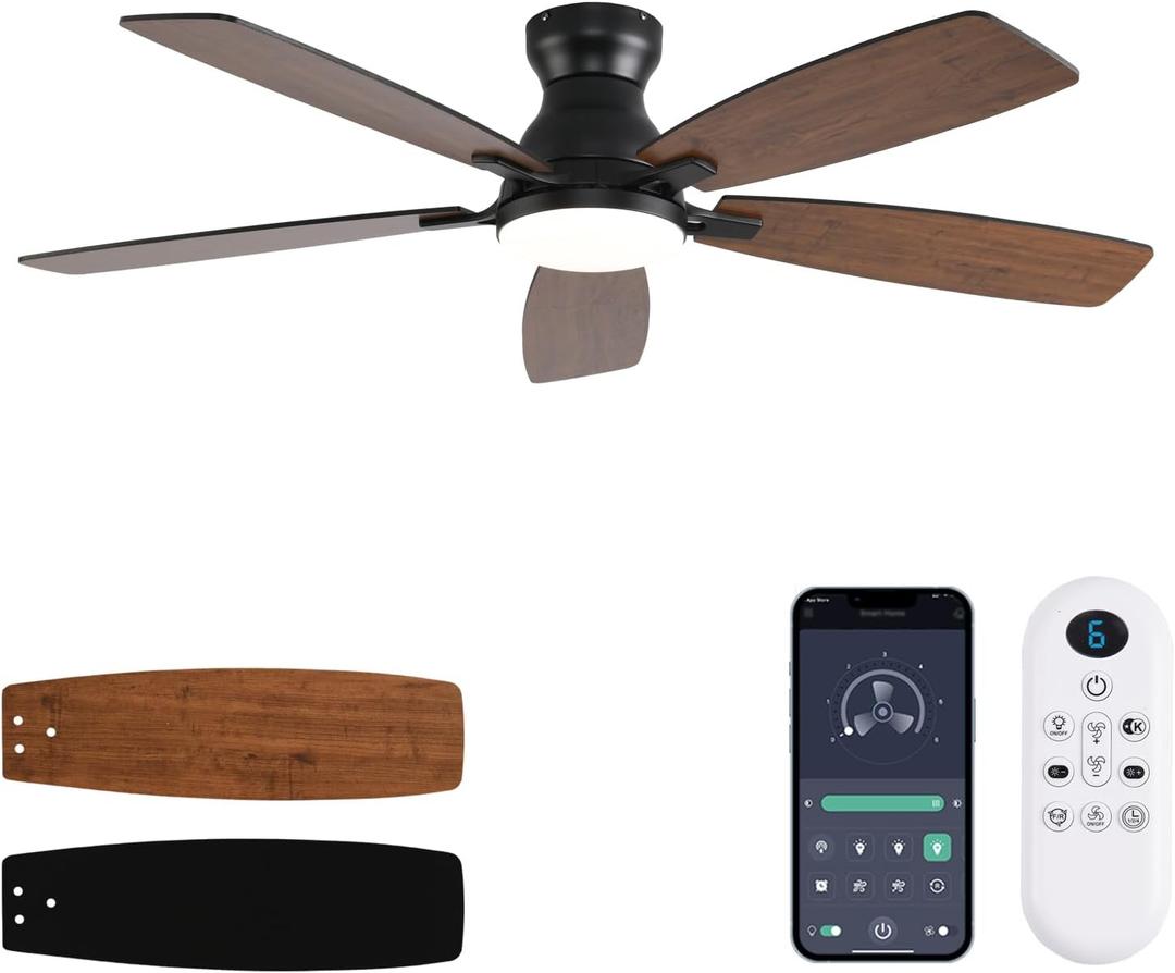 JSAITEE Ceiling Fans with Lights, 52 Inch Low Profile Ceiling Fan with Light and Remote Control, Flush Mount, DC Reversible Motor, Noiseless, Brown 6 Speeds Ceiling Fan for Bedroom