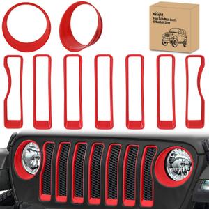 Nilight Grill Inserts fit for Jeep Wrangler Front Grille Inserts Headlight Cover Set for JL JLU Unlimited Sport SportS 2018 2019 2020 2021 2022 2023 Grille Bezels Trim Exterior Accessories Red 9 Pcs