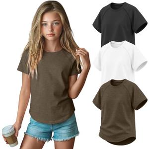 3 Pack Girls' Short Sleeve T-Shirts Loose Fit Crew Neck Tops Raglan Curve Hem Shirts Casual Kids Basic Tees 5-14Y