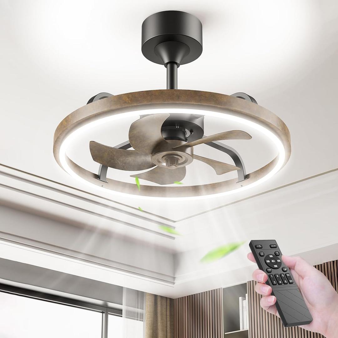 Brightown Ceiling Fans With Lights and Remote 20.5 Inches 6 Speeds Rotatable Low Profile chandelier fan 3000K-6500K Three Color Step Less Dimming Bladeless Ceiling Fans for Bedroom Living Room Kitchen