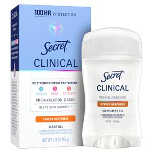 Secret Clinical Strength Antiperspirant Deodorant for Women, Stress Response, 100hr Sweat & Odor Protection, 3X Stress Protection with Pro-Hyaluronic Acid, PH Balancing Minerals, Clear Gel, 1.6 oz
