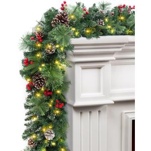 TigeJoy 9FT Prelit Christmas Garland with 100 LED Timer Lights, Snow Dusted Garland with Red Berries, Real Pinecones & PE Branches, 8 Modes 3AA Battery Operated Xmas Decor for Fireplace Doorway Porch