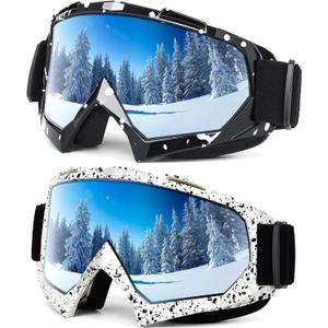Braylin Adult Ski Goggles, 2-Pack Snowboard Goggles for Youth, Teens, Men & Women, Wide View Snowmobile Goggles (01.black Frame/Multicolor Lens+perlite White Frame/Multicolor Lens)