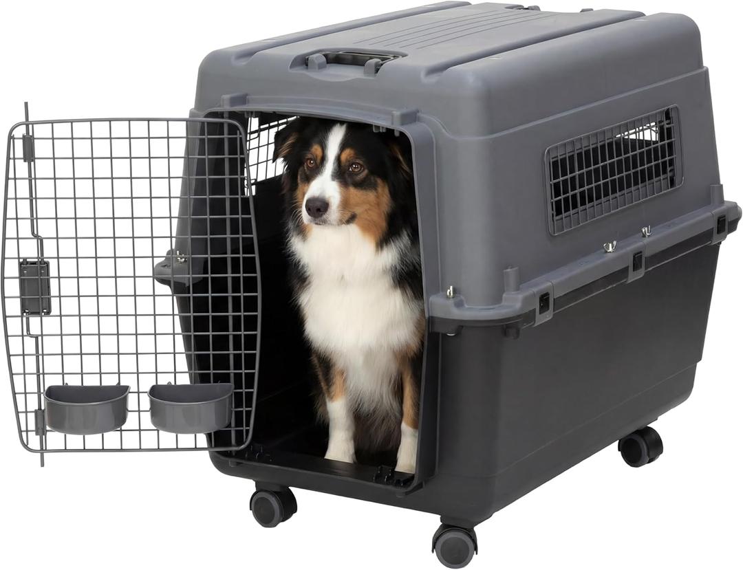 SportPet Airline Compliant LARGE 28.75" Travel Dog Kennel- Durable Plastic Airline Pet Carrier w/ Removable Wheels & Food Bowls, Collapsible Indoor/Outdoor Dog Kennel, Dogs up to 28"L & 20"H-Dark Gray