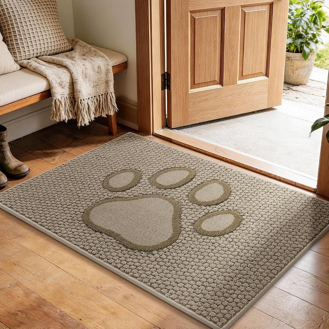 Dog Paw Doormats 24''x36'' for Dirty Paws, Washable Entryway Floor Rugs Dirt Trapper with TPR Backing, Absorbent Low Profile Doormat for Front Door, Hallway, Entryways, Beige