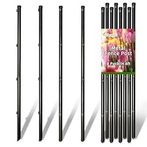FOREHOGAR Metal Fence Posts 4 Feet, 1-1/4" Diameter, Black, Pack of 8, Round Steel Poles for Wire Fencing, Garden Edging, Lawn, Yard & Landscape Borders