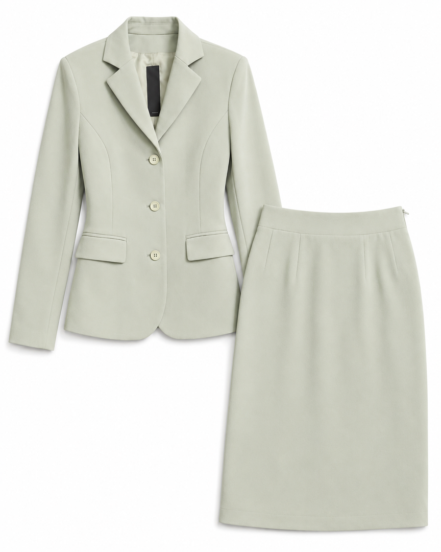 Women’s Light Sage Green Blazer and Skirt Suit Set, Two-Piece Business Outfit with Button Front Jacket and Matching Pencil Skirt, Size Medium