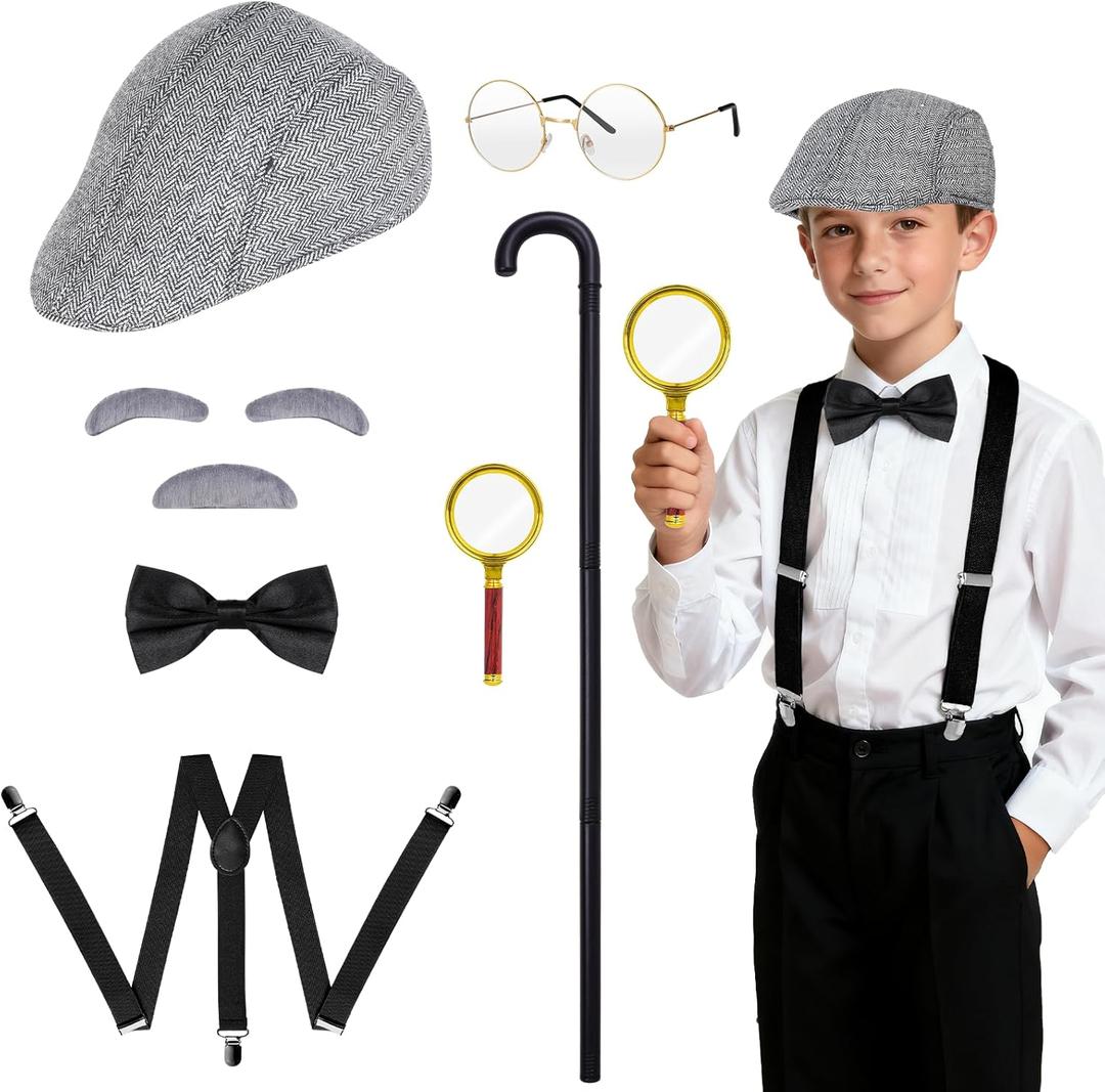 7Pcs Grandpa Old Man Costume Kit - Hat, Glasses, Cane, Bow Tie, Suspenders, Magnifying Glass, Gray Mustache and Eyebrows
