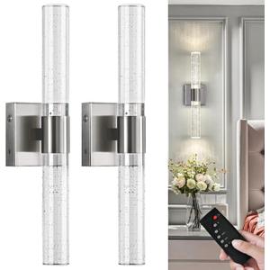 Wireless Wall Sconces Set of Two Battery Operated, 4000K Dimmable Crystal LED Bathroom Sconces Wall Lighting Modern Indoor Nickel Wall Lights for Bedroom Living Room
