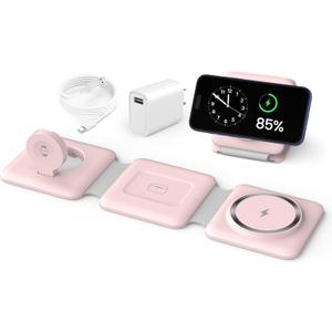 Charging Station for Apple Multiple Devices: 3 in 1 Foldable Magnetic Wireless Charger Stand - Travel Charging Dock Compatible with iPhone 16 15 14 13 12 Pro Max Plus Apple Watch AirPods (Pale-pink)