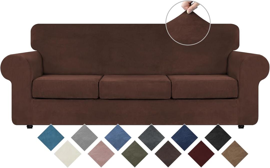WEERRW 4 Pieces Velvet High Stretch Couch Covers for 3 Cushion Couch Sofa Slipcovers, Washable Furniture Protector with Non Slip Elastic Bottom, Feature Soft and Thick Plush Fabric, Chocolate, Large