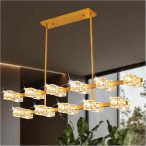 48 inch Golden Modern Crystal 22 Head Dining Room Pendant Light, semi Embedded Double-Layer Ceiling Light, Suitable for Kitchen Island, Farmhouse, Dining Room, Living Room