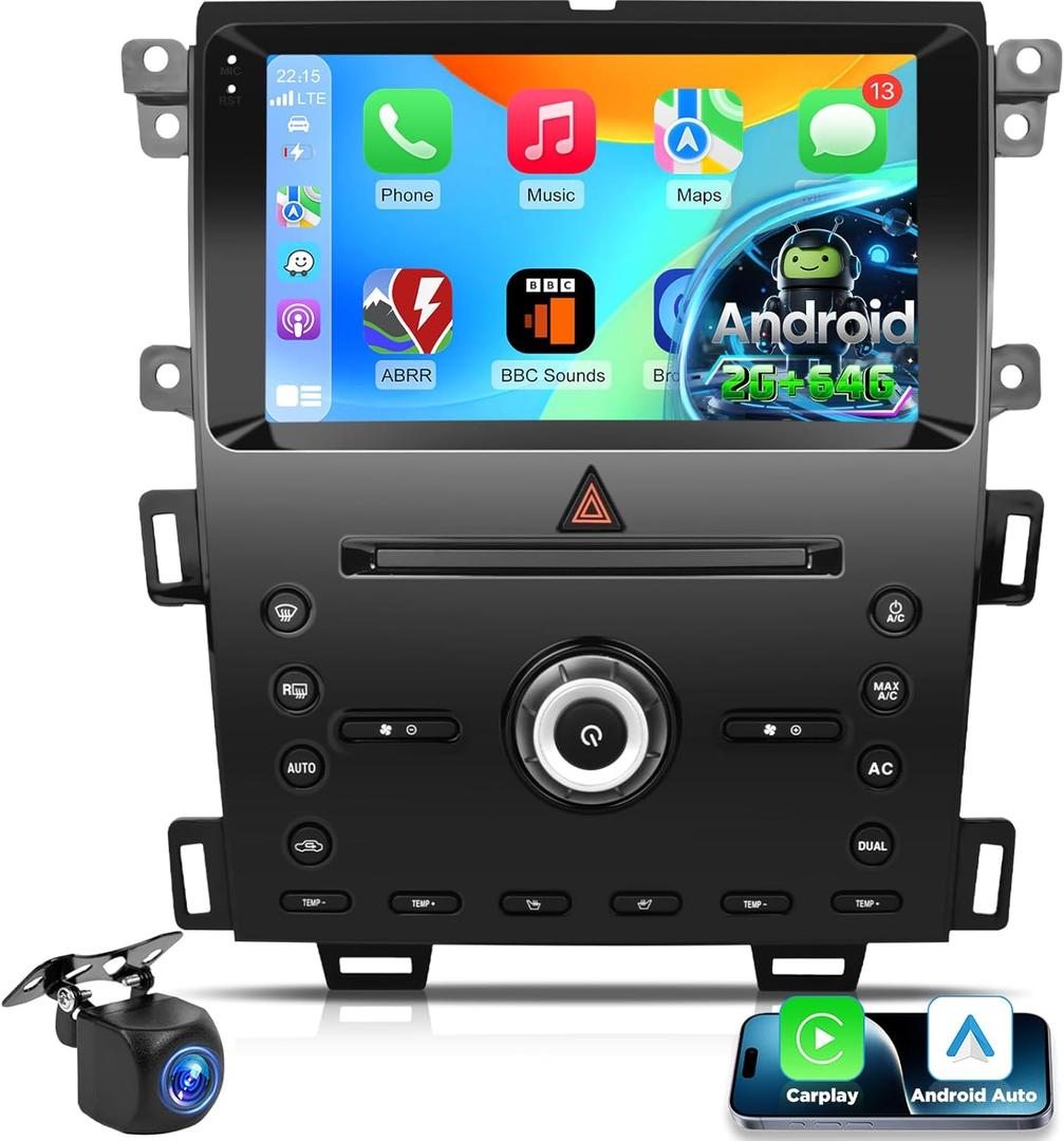 Car Radio for Ford Edge 2011-2015, [2+64] 9 inch Android Touchscreen Stereo with Carplay/Android Auto, GPS Navigation, WiFi, Bluetooth, SWC, Backup Camera, FM/RDS