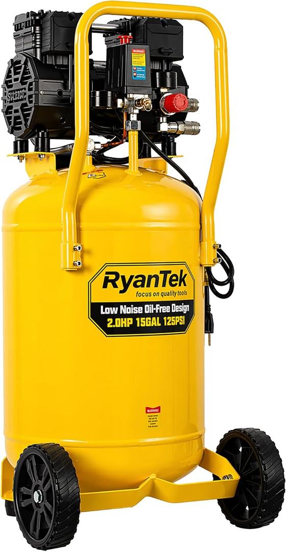 15-Gallon Air Compressor,2HP,Vertical Tank, 4.5CFM@90PSI,Quiet 66dB Twin Cylinder, Oil-Free, for Inflation, Nail Guns,Auto Repair, Painting, Woodworking and Home Use(Maximum Pressure 125 PSI)