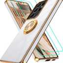Gritup for Samsung Galaxy S21 Ultra Case: with 2Pcs Screen Protector, 360 Rotation Ring Holder Magnetic Kickstand Plating Gold Edge Soft TPU Shockproof Protective Cover for S21 Ultra, White