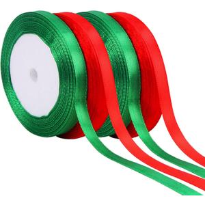 Gift Wrapping Satin Ribbon for Flower Bouquet Arts Crafts Sewing 25 Yard Each Roll Ribbon for Merry Christmas Decoration (Christmas Red Green-1, 3/8 inch Width) Pack of 2