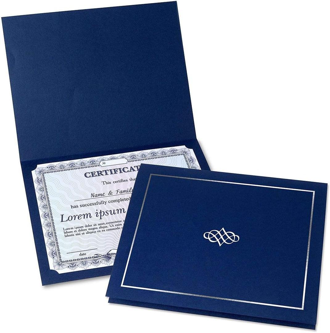 Ornate Blue & Silver Certificate Folders - Pack of 50, Linen Cover 80 lb. Stock, Folded, Die-Cut Corners, for Office, Business Awards, Graduation, School Diploma Holder, 9-1/2" x 12"