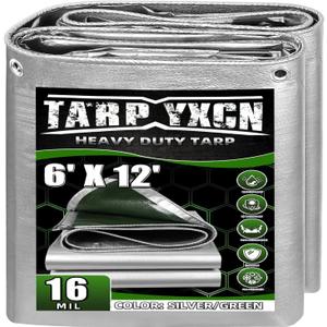 Extra Heavy Duty Tarp 6x12 Ft, 16 Mil Thick Waterproof Poly Tarps Cover UV Resistant, Rip & Tear Proof with Metal Grommets Every 20 Inche (Silver/Green)