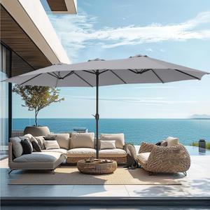 PHI VILLA 15ft Large Patio Umbrellas with Base, Outdoor Double-Sided Rectangle Market Umbrella for Pool Lawn Garden, Light Gray
