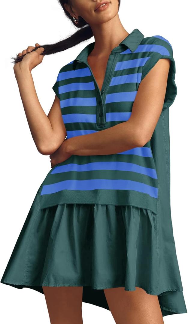 Fisoew Womens Summer Sweatshirt Dresses Short Sleeve V Neck Casual Oversized Patchwork Mini Dress (Extra Large, Pattern-Green)