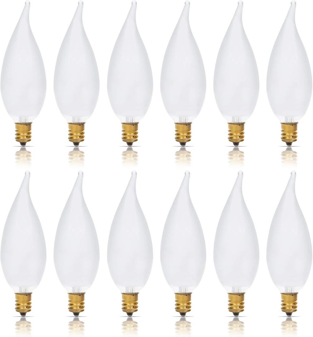 Simba Lighting Candelabra Flame Tip Frosted CA10 25W E12 Base (12 Pack) Decorative Incandescent Light Bulbs 120V for Chandeliers, Ceiling Fan Lights, Pendants, Wall Sconces, Dimmable, Warm White 2700K, 25.0 Watts