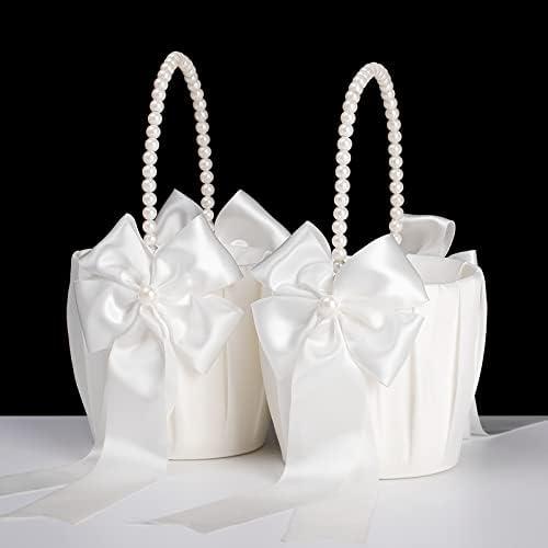 Flower Girl Baskets for Wedding,Ivory Flower Girl Basket With Pearl Handle set of1 ,Wedding Baskets for Flower Girls
