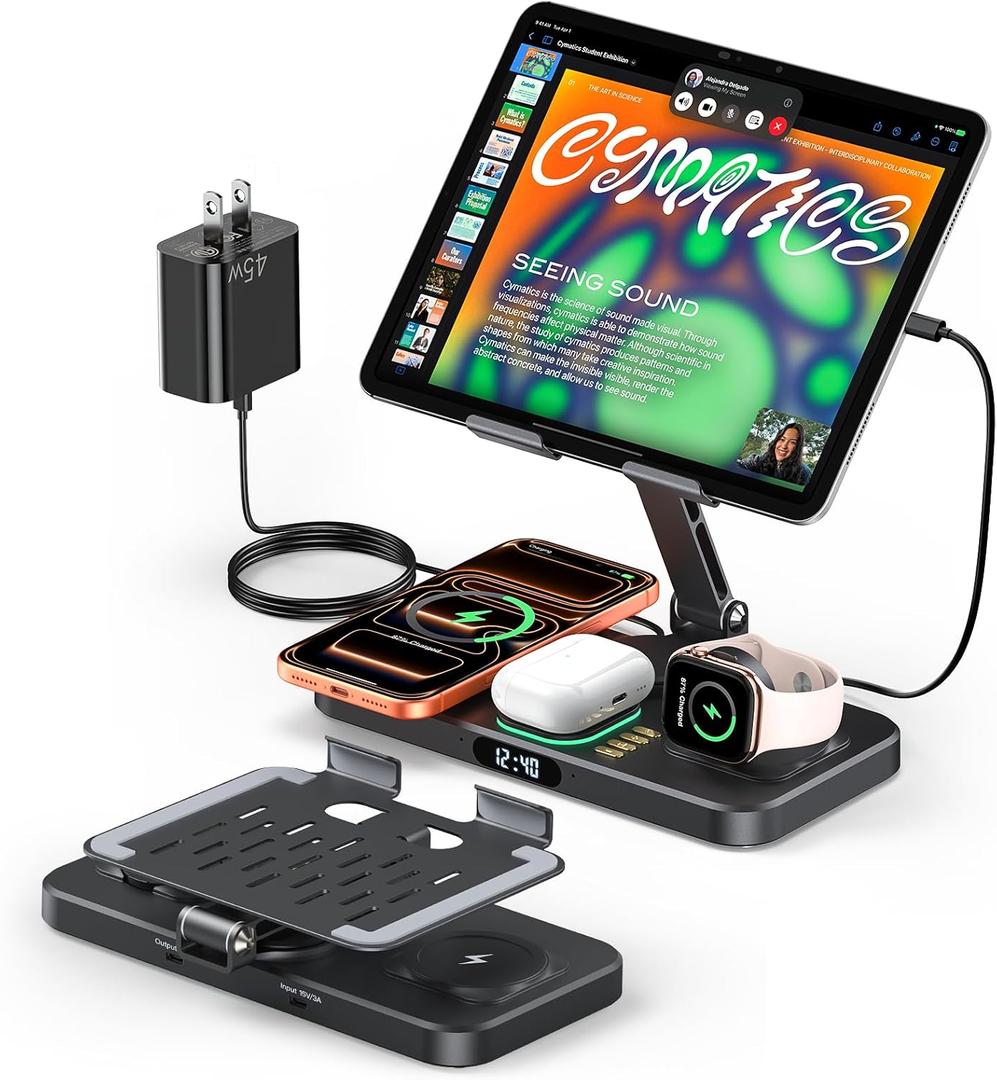 Magnetic Wireless Charging Station with 45W Adapter for Apple, Foldable Wired Charging for iPad with Clock & Night Light, Fast Mag-Safe Charger for iPhone 17 16 15 14 13, Apple Watch Charger & AirPods