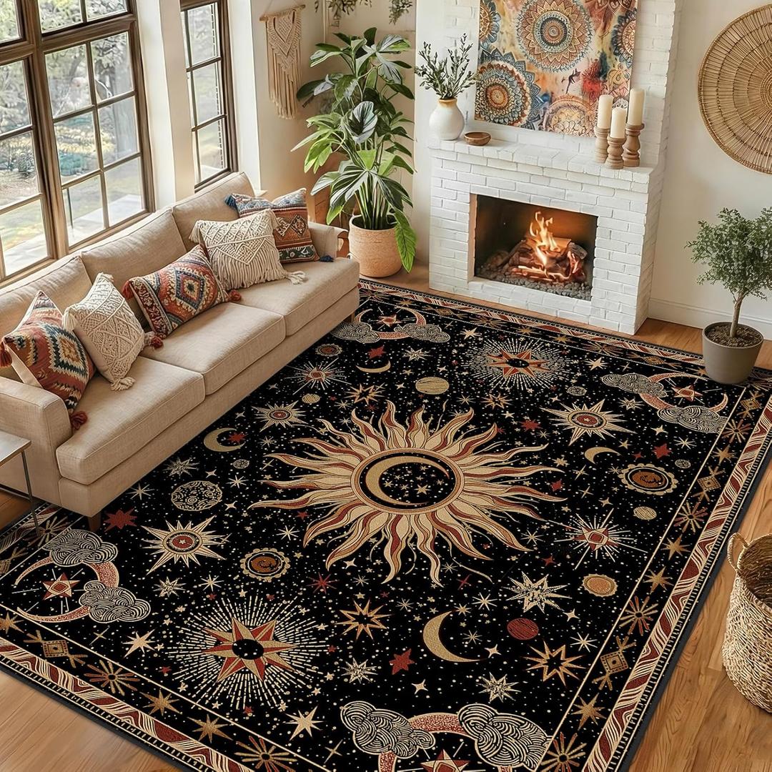 9x12 Area Rugs, Washable Vacuum-Friendly Non-Slip Rug Vintage Boho Gothic Sun and Moon Printed Pattern Low Pile Carpet for Living Room Bedroom Dining Room Hallway Entryway,Black Gold Beige Red
