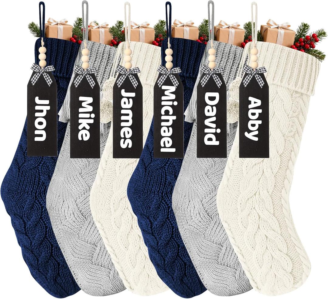 6 Pack Christmas Stockings 18" Large Personalized Navy Blue Gray Cream White Knitted Customized Christmas Stockings with Name Tags for Holiday Xmas Home Family Fireplace Party Decoration Hanging Gifts