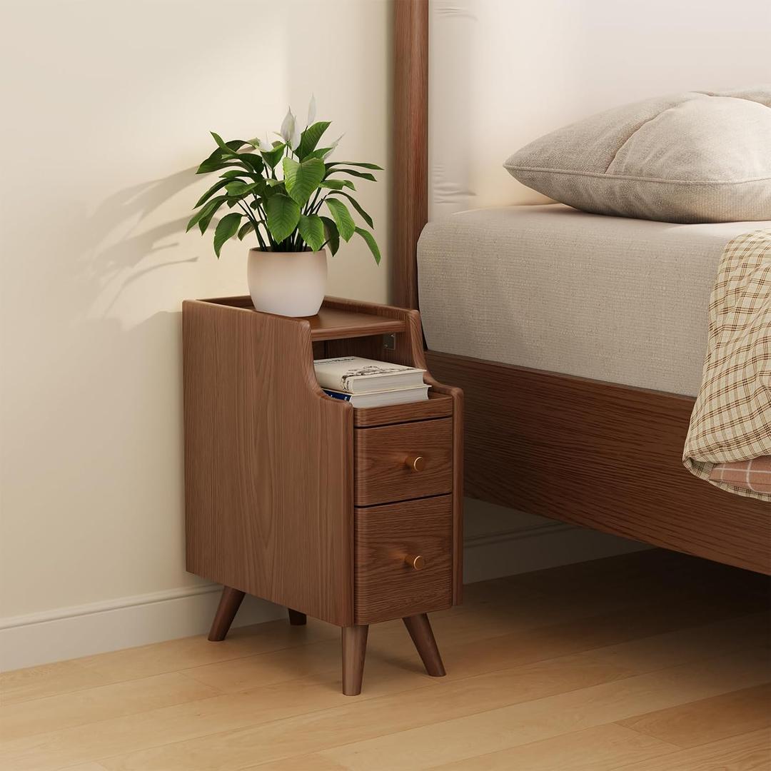 AQIMUELE Small Nightstand with Drawers, Solid Wood Bedside Table, Narrow Walnut Nightstand for Bedroom (15.74''D*7.87''W*19.68''H, 1 Pc(Walnut))