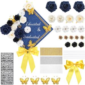 Knitgrip DIY Graduation Cap Topper-33 Pieces Handmade Graduation Gifts Decorations 3D Faux Flowers Self-adhesive Rhinestones Letter Bows for Educated and Graduated Grad Cap Gifts Party Supplies