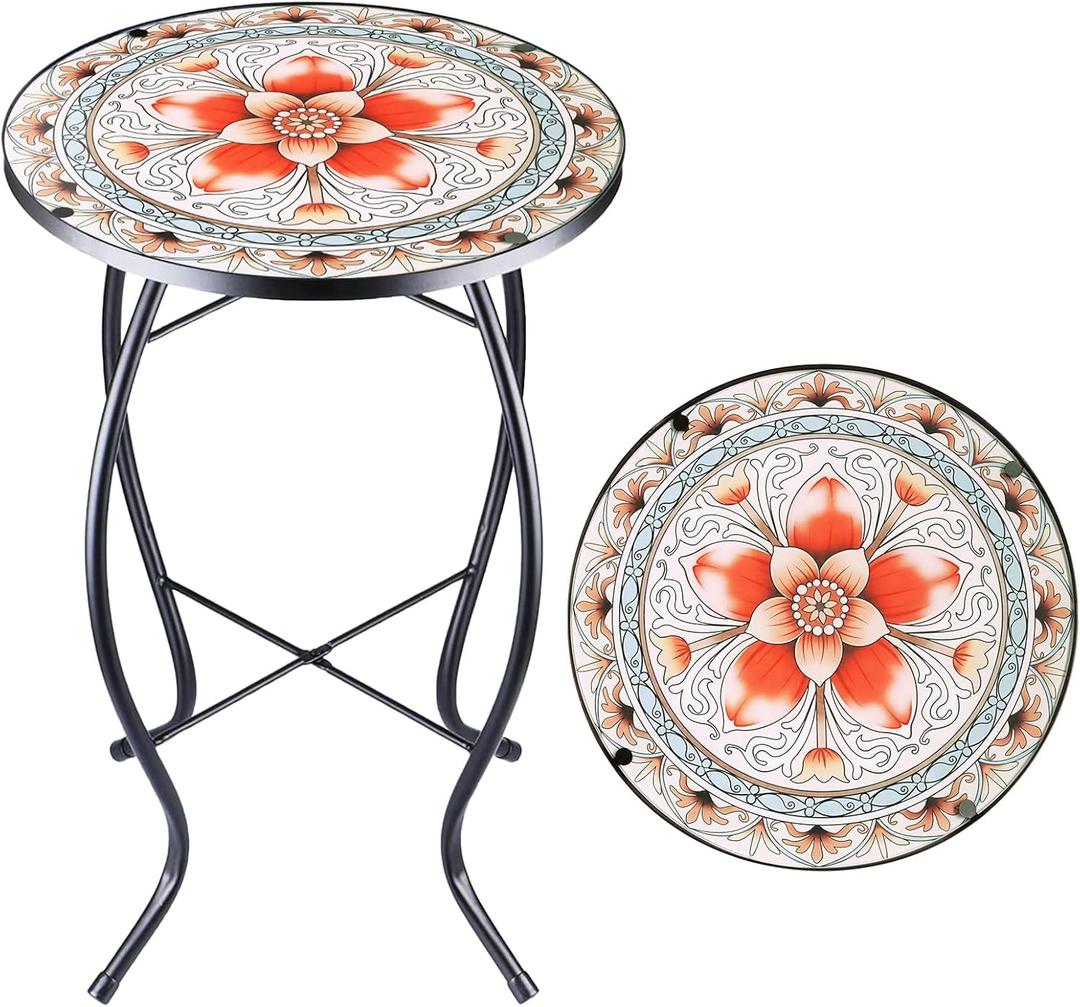 Arbuxzuy 12 Inch Small Outdoor Side Table with Pink Flower, Glass Mosaic Patio Table Indoor, Round Plant Coffee Table for Living Room, Balcony, Garden