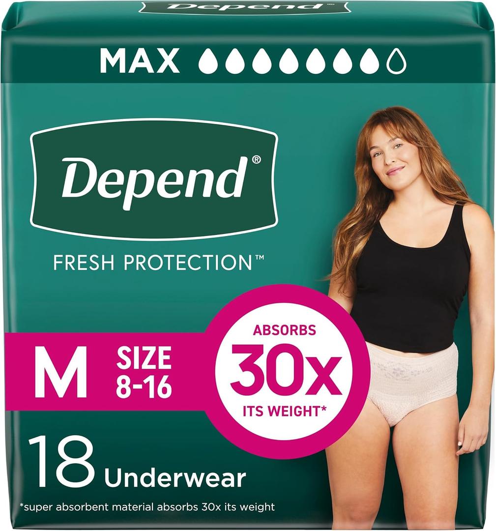 Depend Fresh Protection Adult Diapers, Incontinence & Postpartum Bladder Leak Underwear for Women, Disposable, Maximum, Medium, Blush, 18 Count