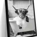 Funny Highland Cow Bathroom Wall Art, Black and White Animal Canvas Wall Decor Painting, Modern Rustic Farmhouse Cow in Bathtub Artwork Prints Pictures for Restroom Bathroom 16x24 Inch Black Framed