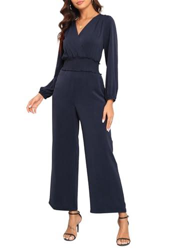YUNDAI Womens Jumpsuit Fall Long Sleeve V Neck Casual Loose One Piece Outfits Wrap Waist Pants Long Romper with Pockets, XXL