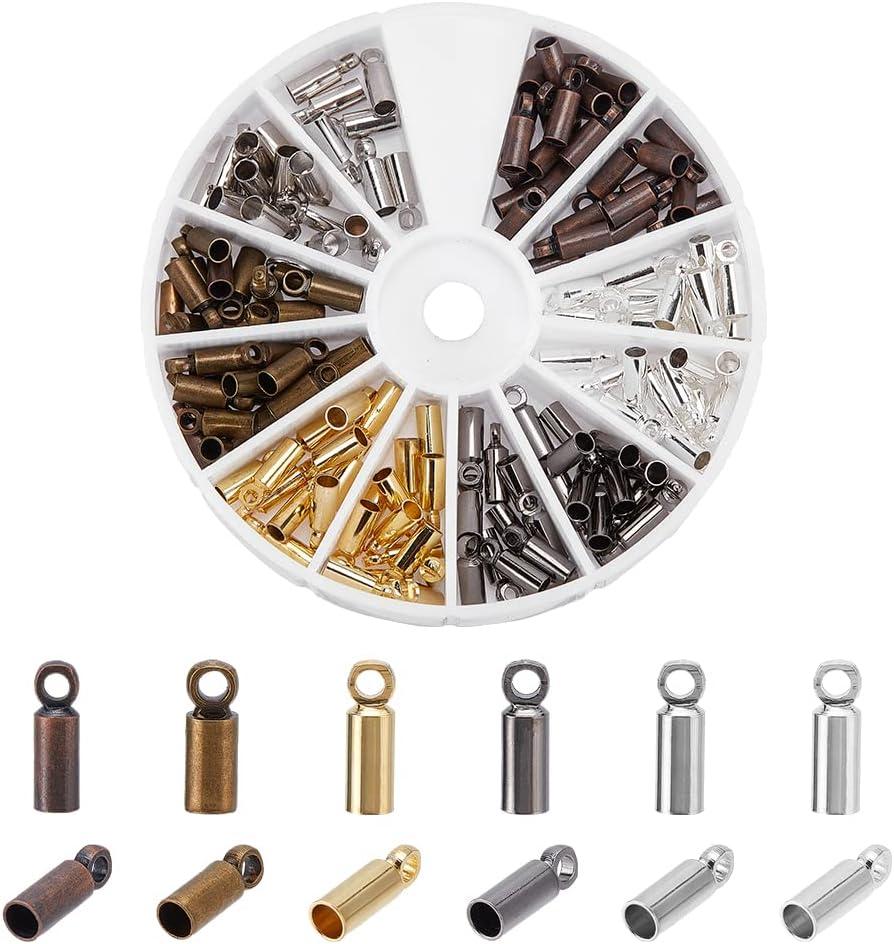 PH PandaHall 210pcs Cord End Caps 6 Colors Brass Glue-in Leather Cord Terminators Small Barrel End Tip with Loop Ring for 2mm Beading Wire Tassel Earring Choker Bag Pendant Jewelry Making (Inner Diameter 12mm)