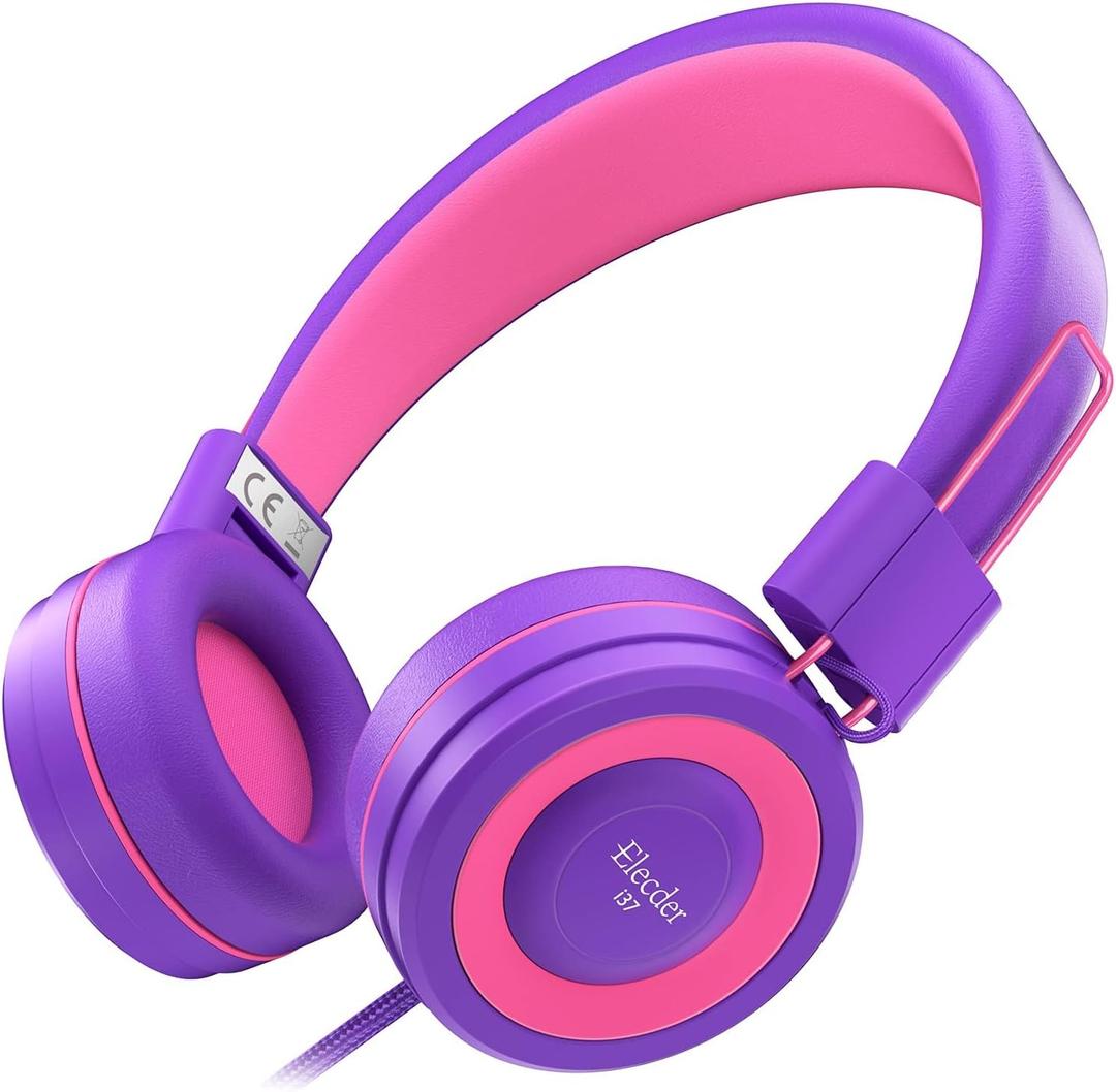 ELECDER i37 Kids Headphones for School Travel, Wired Headset with Foldable Corded Stereo Sound 3.5mm Jack On Ear Headphones for Kid Children Teens Boys Girls Smartphones Computer Kindle Tablet, Purple
