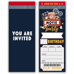 Movie Tickets Birthday Party Invitations, 20 Pcs Movie Night Invitations with Envelopes, Double-Sided Design Fill In Invite for Boy Girl, Theme Birthday Party Decorations-C02