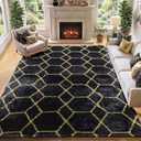 7x9 Area Rugs for Living Room Bedroom, Fluffy Black and Gold Geometric Rug